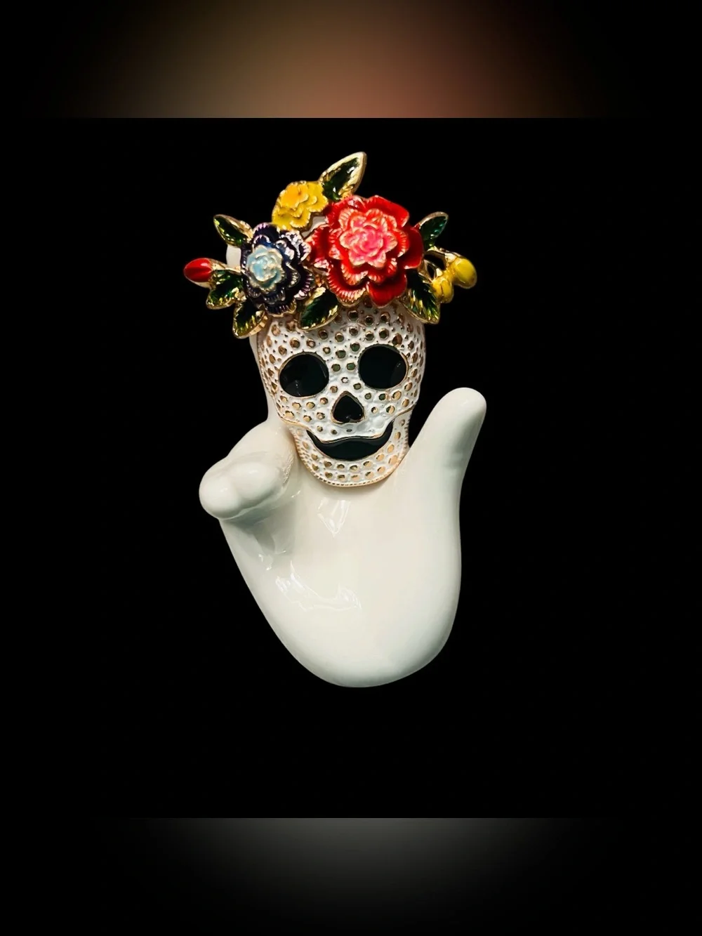 Floral Skull Enamel Gold Tone Brooch